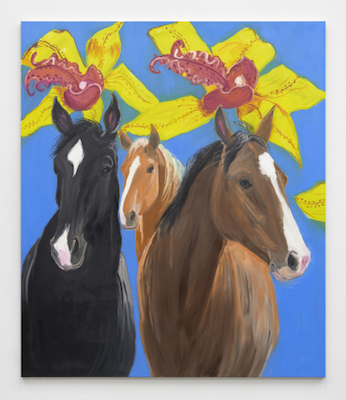 Ann-Craven-Horses-Three-on-Blue-with-Orchids-2021-2021-via-Karma--440x508